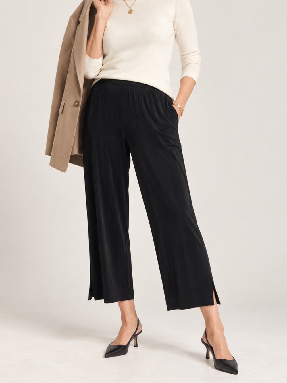 Chico’s Slinky Black Cropped Wide Leg Pants Pull On Stretch Travel XL